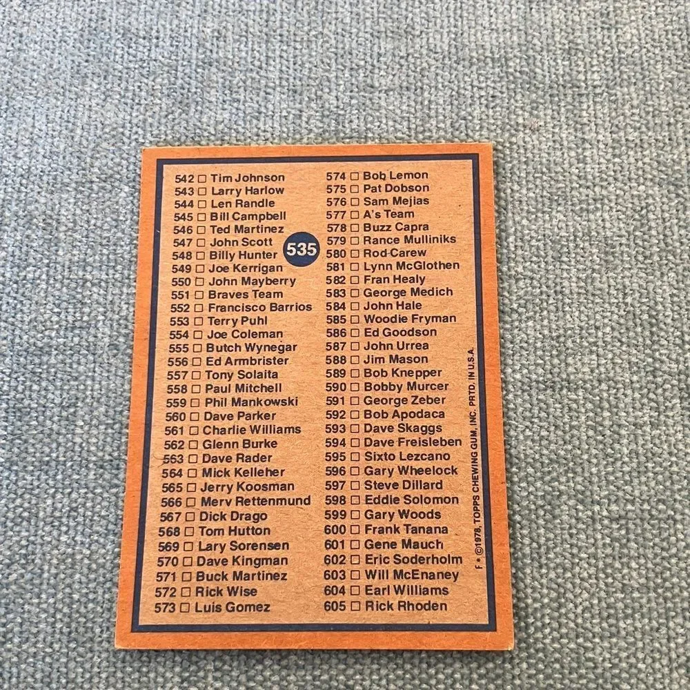 1978 Topps Checklist Baseball Card Trading Card